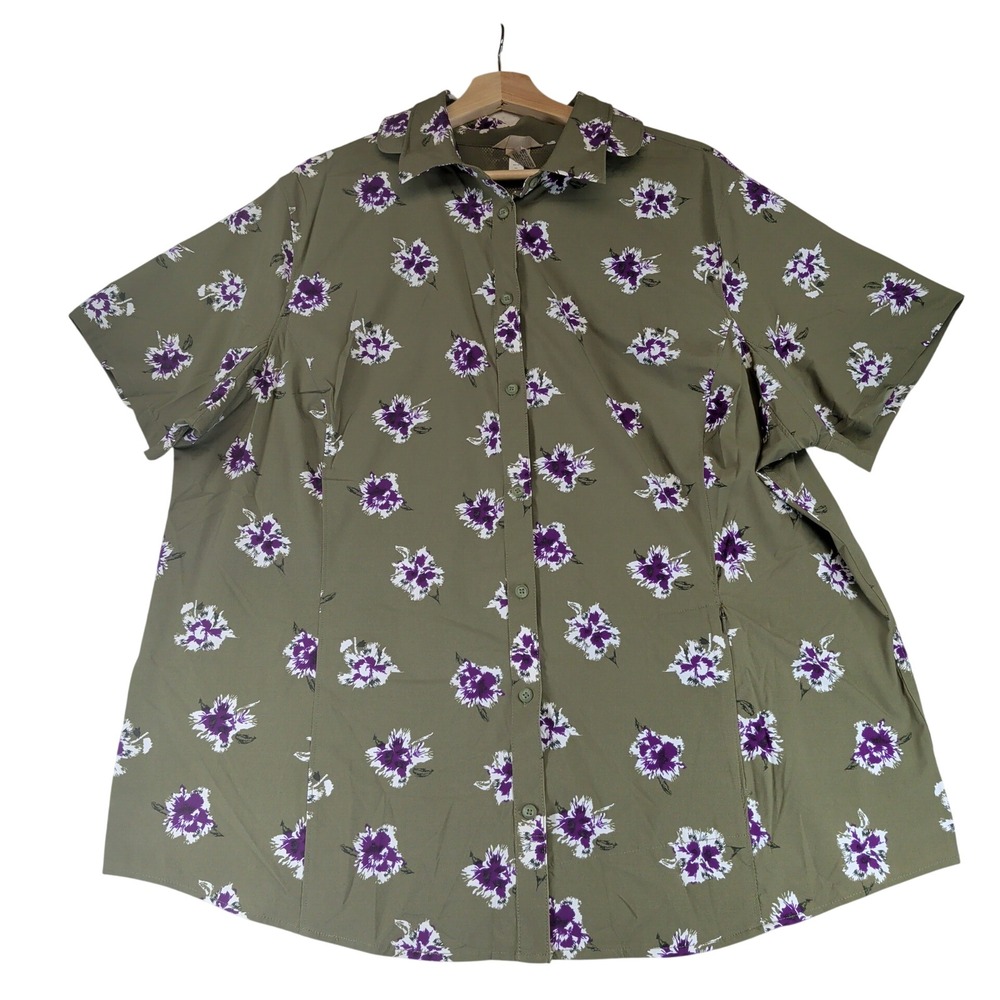 Duluth Trading Co 45712 Armachillo Shirt 2X Olive Green Purple Floral Button Up